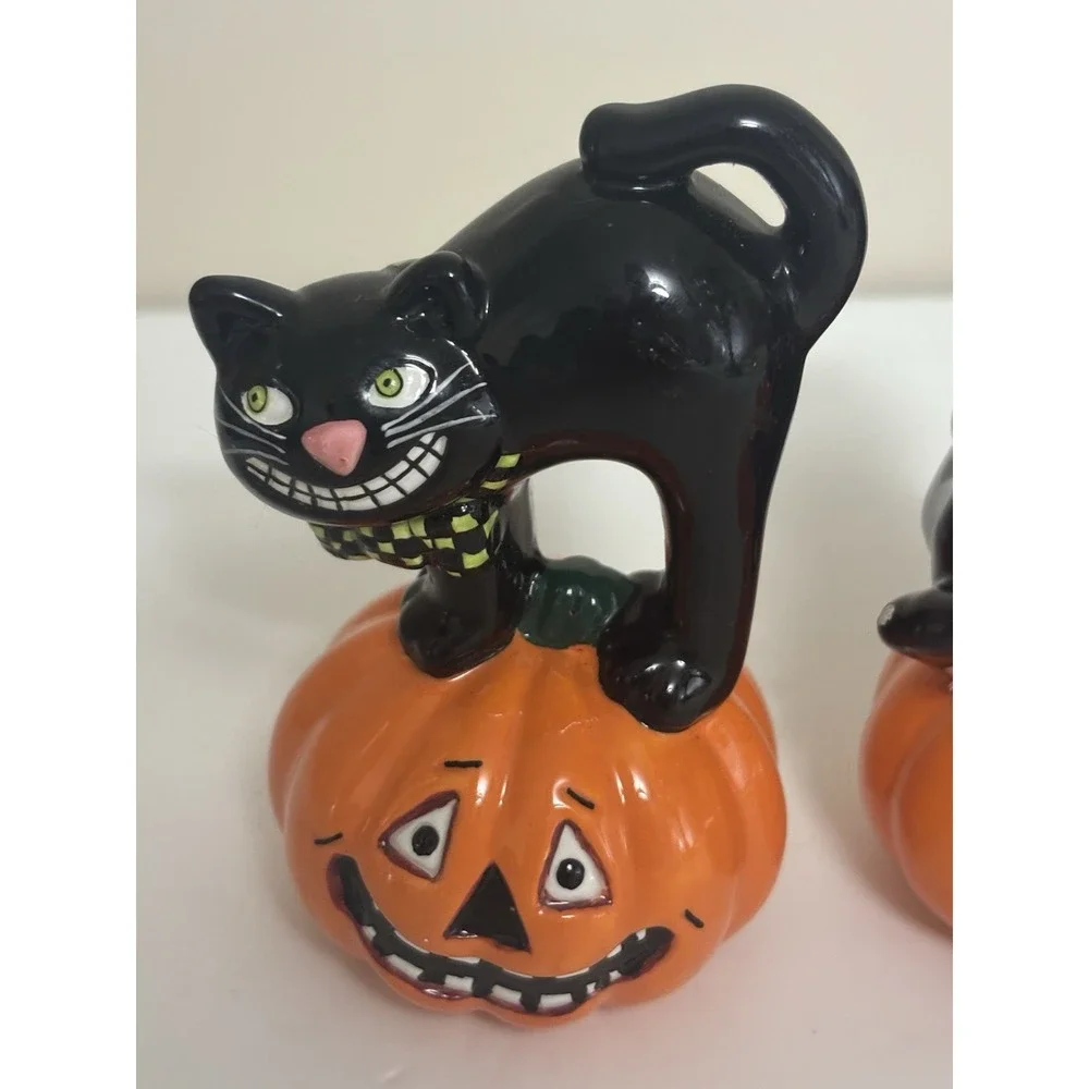 Trio of Ceramic Halloween Cat On Pumpkin Figurines Vintage Inspired Spooky